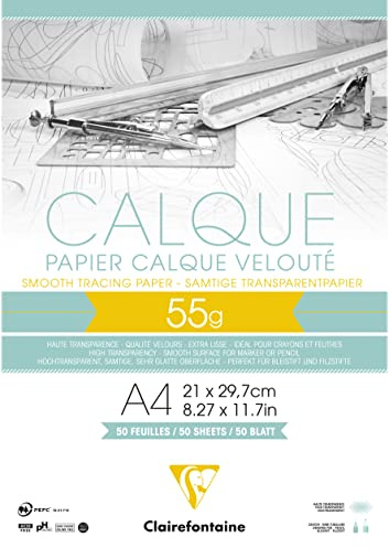 Clairefontaine 975080C Block Transparentpapier (DIN A4, 21 x 29,7 cm, 50 Blatt, 55 g, ideal für technische Zeichnen) transparent