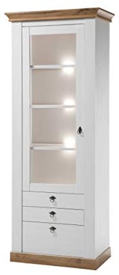 Newfurn Vitrine Vitrinenschrank Landhaus Holzvitrine II 82x204x 44 cm (BxHxT) II [Malte.Four] in Pinie Weiß/Pinie Weiß Wohnzimmer Schlafzimmer Esszimmer Flur Diele