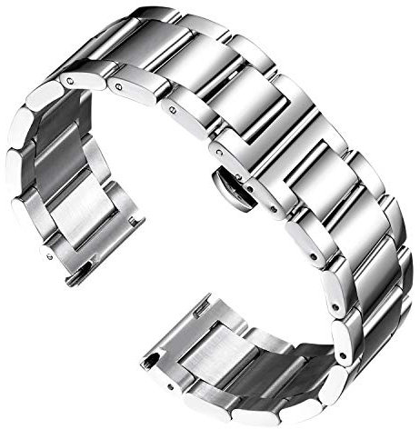 BINLUN Stainless Steel Watch Straps Thick Heavy Metal Watch Bracelets Polished Matte Brushed Finish Watch Bands Replacement for Men Women with Butterfly Clasp(Polished Silver, 24mm)