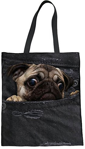 POLERO Lustige Tasche mit Mops-in-Pocket-Design für Frauen, tragbare Canvas-Schultertasche für Party, Arbeit, Schule, Geschenk