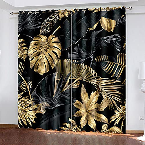 YTSDBB Rideaux Occultant Salon Plante Or Art créativité L 200 x H 160 cm 3D Impression Salon Moderne Isolant Thermique Et Sonore Oeillets Polyester 2 Pièces pour Chambre Salle de Jeux