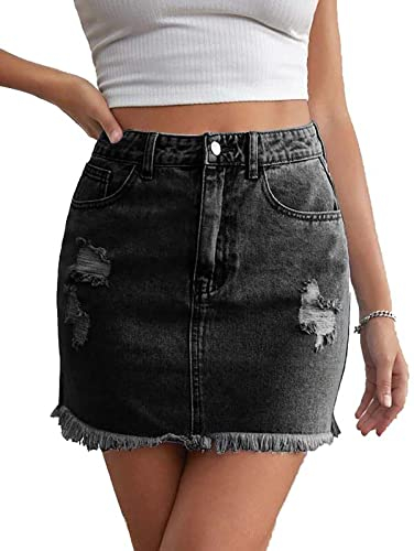 JayscreateEU Damen Sommerrock Jeansrock Enger Minirock mit Tasche Hüftrock A-Liniemit Taschensaum Rock mit Fransen,Schwarz,XL