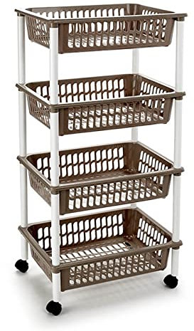 AC - Carrito verdulero Modelo PLFT de plástico con 4 Niveles y Ruedas, cestas apilables portaobjetos, Frutas, Verduras, Cocina, baño (Marrón Topo - 85 x 40 x 30 cm)