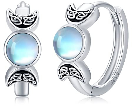 Triple Mond Göttin Ohrringe 925 Sterling Silber Mondstein Mond Huggie Creolen Amulett Pagan Wiccan Schmuck Mond Göttin Geschenke für Frauen Mädchen