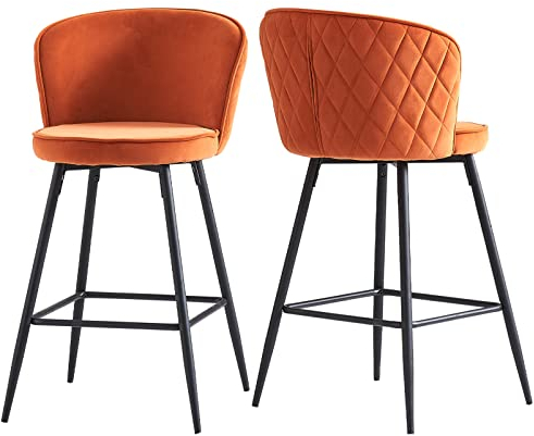 AINPECCA Barhocker 2 Set aus Samt Designer Barstuhl mit Armlehne und Metallbeine Gepolsterter Tresenhocker Bistrohocker für Bar Bistro Café Küche(2, orange)