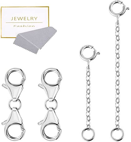 925 Sterling Silver Double Lobster Clasp and Necklace Extender White Gold Plated Double Lobster Clasps Connector Bracelet Necklace Extension Clasp for Jewelry Making（4pcs）