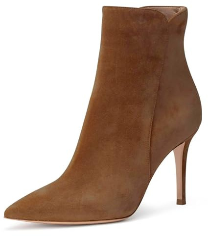 JANSEVEN Women's Heeled Ankle Boots Suede Stiletto High Heel Booties Pointed Toe Comfortable Sexy Classic Brown Short Boots Size 8.5