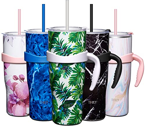 THILY Stainless Steel Vacuum Insulated Tumbler 1180 ml Coffee Travel Mug with Handle and Lids, Reusable, Sweat Proof, Keep Drinks Cold for 34 Hours or Hot for 12 Hours, Green Plants