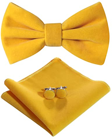 HOULIFE Fliege Herren Set - Verstellbare Fliege aus Samt Vorgebunden Fliege, einfarbige Einstecktuch, Manschettenknöpfe Set für Bräutigam Hochzeit formal mit Geschenkbox - Gelb