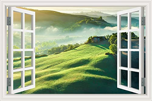 MUMUWUSG Vinyl 3D Wandaufkleber 160X120Cm Grün Wiese Bäume Landschaft Fototapete Ausblick 3D Effekt Fenster Aussicht Wohnzimmer Schlafzimmer Tapete Wandtapete Uv-Beständig Hohe Auflösung