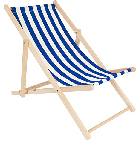 specwood Strandliege Klappbar Leicht - 119x58 cm - Liegestuhl klappbar Holz für Garten, Balkon - Sonnenliege Holz wetterfest - Klappliegestuhl aus Buche mit Baumwollstoff - Strandstuhl - Weiß & Blau