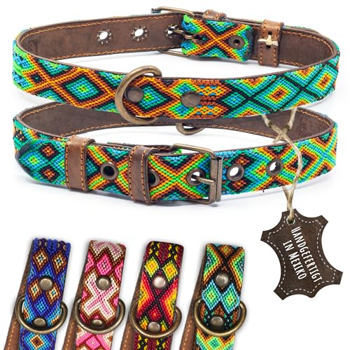 ALTEZAR Hundehalsband Leder - braunes Rindsleder Tribal Grün/Braun/Beiges durchgehend Bestickt - Handgemacht in Mexiko Lederhalsband Hund - Größe M - für mittel-große Hunde