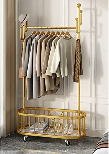 Hallenbaum mit Haken Robuster Kleiderständer aus Metall Freistehender Kleiderbügel Mobiler Kleiderwagen Mit oberer Stange und unterem Aufbewahrungskorb für Flur Schlafzimmer ( Color : Gold , Size : 10