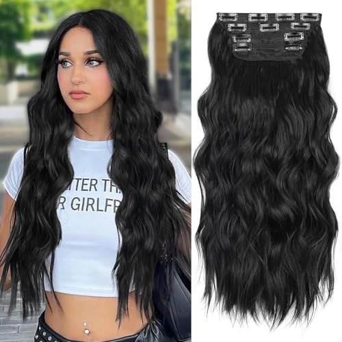 ALXNAN Long Wavy Clip in Hair Extensions, 24 Black