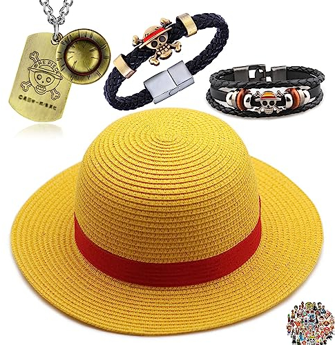 YouU Sombrero de paja Cospaly Disfraz Fiesta Hombres y Mujeres Playa Sol Sombrero de Paja Luffy Collar Pulseras Anime Joyería One P. Pegatinas 24 Piezas