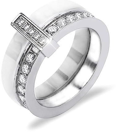 MIATCENRT Kristall-Keramik-Ringe Für Damen – Weißer Keramik-Ring Mit Einer Reihe, Australischem Zirkon, Zwei Schichten, Dünne Verlobungsringe Für Frauen, Schmuck, Geschenk, Weiß, 6