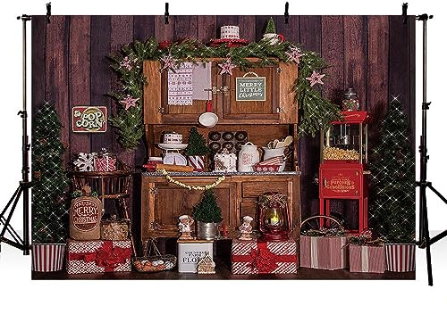 AIBIIN Fondo fotográfico 2,1 x 1,5 m para cocina navideña - Pared de madera, fiesta de Navidad para niños, retrato, decoración, estudio fotográfico