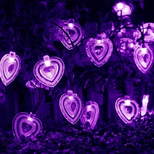 KINGCOO Solar Herz Lichtschlauch Lichterketten Außen, Wasserdichte 6M 30LED Herzform Solar Fee Lichter 8Modus Ambiente Beleuchtung für Garten Weihnachten Hochzeit Valentinstag Dekoration (Lila)