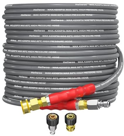Heliwoo Pressure Washer Hose 50ft, 4200PSI Wire Braid Power Washer Extension Hose 1/4 Inch High Tensile, Flexible Kink Resistant Heavy Duty Replacement Hose with 3/8 Quick Connect
