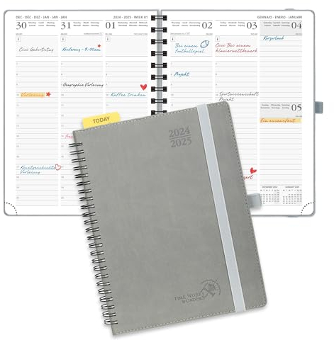 POPRUN Kalender 2025 Wochenplaner (Aug.2024-Dez.2025) Ringbuch mit Softcover, ca. A5 (22 x 16,5 cm), 17-Monate-Terminplaner 2025 1 Woche 2 Seite mit Zertifiziertem Papier - Grau
