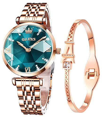 OLEVS Damenuhren Roségold Diamant Kleines Gesicht Edelstahlarmband Wasserdicht Analoge Quarz Armbanduhren Armreif Geschenke Set