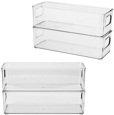 CHUENKUK Kühlschrank Organizer Stapelbar 4er Set, 25.5 x 10 x 7.6 cm Kühlschrankbox mit Griff, Speisekammer Vorratsbehälter für Küchen, Küchenschrank, Schränke, Schreibtisch, Klar