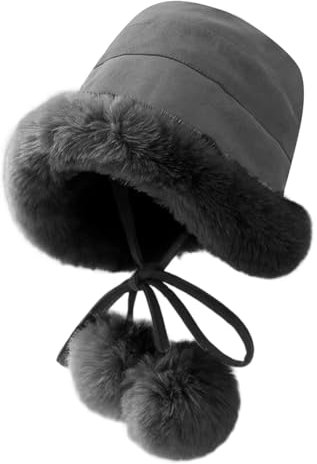 crazy bean Fischerhut Damen Fell Winter Glockenhut Damen mit Gefütterte mit Bommel Kinnriemen Warm Damenmützen Fluffy Elegant Kunstpelz Cloche grau