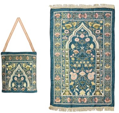 Anlising Muslimischer Gebetsteppich, Islamische Gebetsmatte mit Tragetasche, Ramadan-Teppich, Gebetsteppich Set (Dunkelgrün)