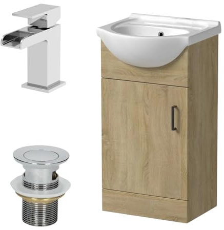 Affine® 450mm Bathroom Vanity Unit Ceramic Sink Floorstanding Storage Cabinet Cupboard & Chrome Waterfall Basin Tap & Waste Set, Oak Effect