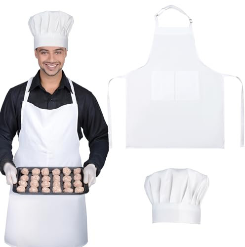 GOTDYBST Kochschürze Damen, Schürze Weiß und Kochmütze Herren, Verstellbare Koch Kostüm, Wasserdicht Schürze Damen Herren, Küchenschürze mit 2 Taschen für Küche Hause Restaurant Hotel