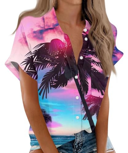 SCBFDI Tunika Damen Sommer, Elegante Blusen Musselin Bluse mit Hawaii Hemd Design Western Outfit, Damen Bluse Kurzarm Lila XL