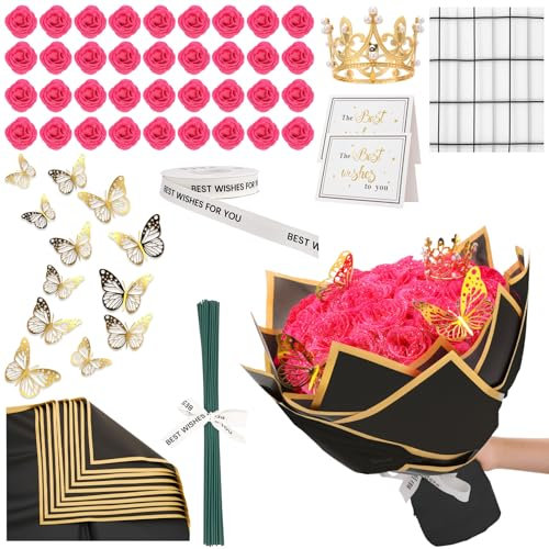 Ovveroche 36 PCS Hot Pink Glitter Roses Bouquet Kit, Sparkling Flower Arrangement with Stems, Butterflies, Crown, Wrapping Paper, Card, Ribbon for Wedding, Holiday, Mother’s Day, Birthday, DIY Crafts