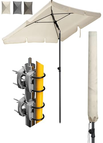Menz Sonnenschirm Balkon 4-teiliges Komplettset, UPF 50+ Sonnenschirm rechteckig 200 x 125 cm + 2 Stück Sonnenschirmhalter Balkongeländer + Sonnenschirmhülle, Sonnenschutz Balkon