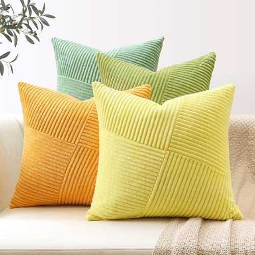 Sungeek 4er Set Cord Kissenbezüge, Windmühle Streifen Kordsamt Kissenbezug Sofakissen Dekokissen Patchwork Design Deko Zierkissenbezüge Kissenhülle für Wohnzimmer (40x40cm, Sage Grün Gelb)