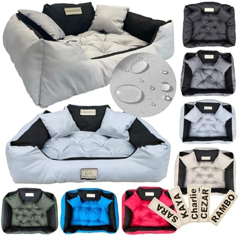 KING DOG Hundebett 145x115 cm 3XL hellgrau - personalisiert mit Namen, wasserfester Codura, mit großem Steppkissen und 2 Dekokissen, antiallergisch, pflegeleicht, Kratzfest - ideal für große Hunde