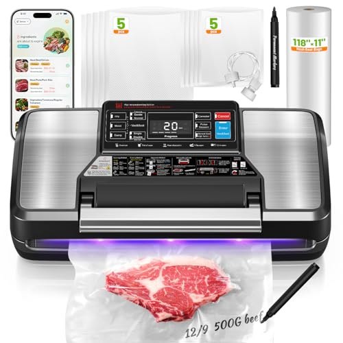 Gyreuni 95Kpa Vacuum Sealer Machine for Food with Bags, 12-in-1 Food Saver Vacuum Sealer with Double Heat Seal, Built-in Cutter,Accessory Hose, Bag Storage,10 Bags, 1 Bag Roll & Marker Pen,App Control