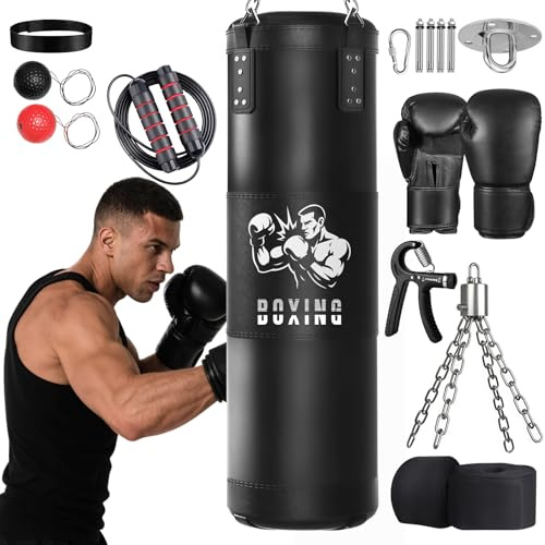 Qoosea Boxsack für Erwachsene, 4FT Schwere Boxsack Hängend mit 17OZ Boxhandschuhen und Boxsackaufhänger, Sandsack Boxen für Männer Kickboxsack Gefüllt für Üben Karate MMA Training - Ungefüllt