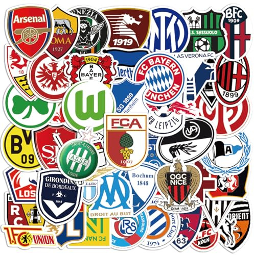 Caelura 50 Stück Fußball Sticker, Fußball Club Sticker Set, Wasserdichte Fussball Aufkleber Kinder, für Laptop Mobiltelefone Skateboard Gepäck, Coole Geschenk für Kinder, Fans
