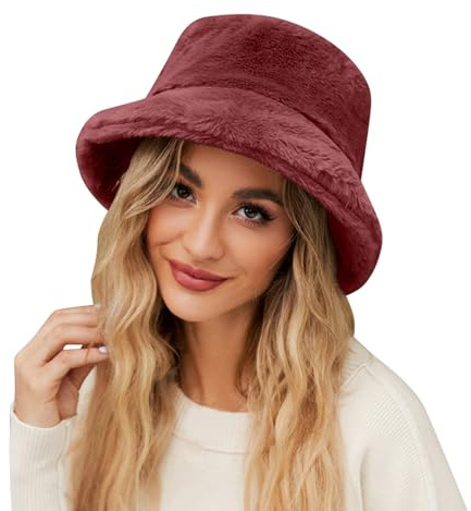 Generisch Wintermütze aus Kunstfell Damen Plüsch Fischerhut Flauschige Bucket Hat Warme Anglerhut