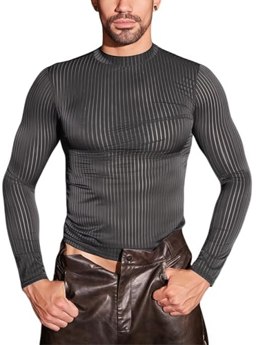 Hybursky Men's Sheer Tops Long Sleeve Mesh Top See Through Crew Neck Y2K Going Outfits Striped Pattern Shirts Blouses Sexy Basic T-Shirt for Party Clubwear Festival Disco Nightwear