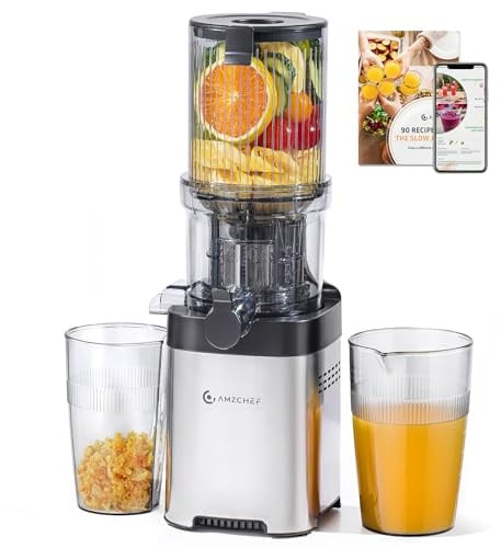 AMZCHEF Entsafter Slow Juicer – 115MM Einfüllöffnung für Ganze Gemüse und Obst - Kompakter Saftpresse Hohe Saftausbeute, Leise, Einfach zu Reinigen