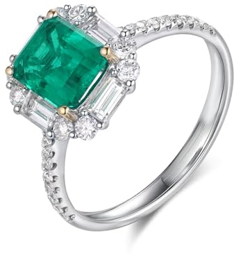 Ayoiow Weißgold Ring 375 Damen Rechteckiger Ring mit 1 ct synthetischem Smaragd und Moissanit, Eheringe für Frauen Größe 57 (18.1)| 9K Weißgold | Trendiger Modeschmuck für Verlobung