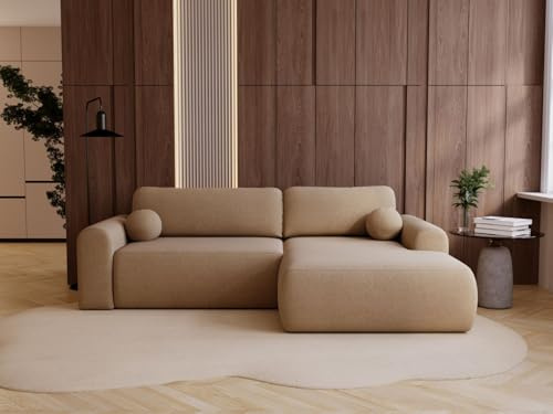 GRAINGOLD Savana L 257x177 cm, L-Form Sofa, Schlafcouch für Wohnzimmer, Bouclé-Stoff, 3-Sitzer Eckcouch, Ecksofa mit Bettkasten (Hellbraun, Rechts)
