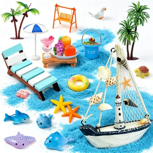 24 Stück Strand-Mikrolandschaft Miniatur Dekoration, Mit Strandkorb die Hängeschaukel Segelboot Palmen Sonnenschirmen Couchtisch Strandzubehör für DIY Mini-Strand Miniatur Puppenhaus Mikro Garten