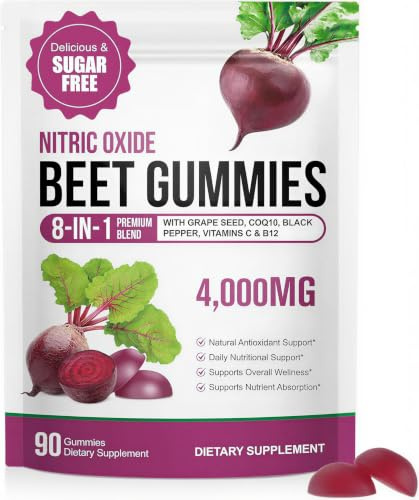 Super Beetroot Gummies, 8 in 1 Beet Root 4,000mg with Grape Seed Extract & CoQ10, Sugar Free - 90 Count