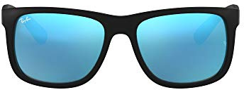 Ray-Ban Man Sunglasses Rubber Black Frame, Blue Mirror Lenses, 55MM