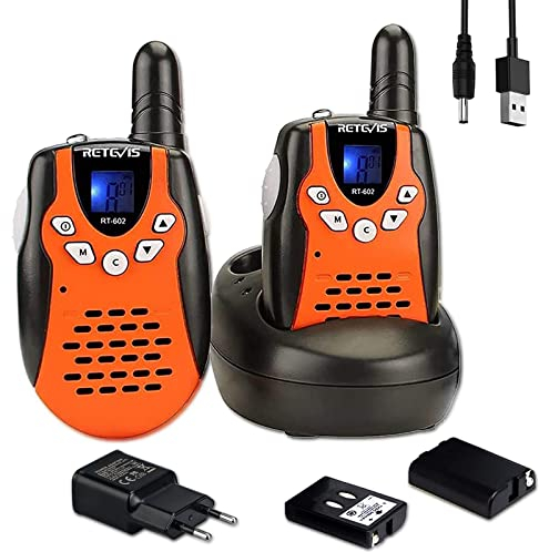 Retevis RT602 Talkie Walkie Rechargeable, Jouet Enfant avec Base de Chargement et Li ION Batterie, Lampe Poche, Cadeau pour Camping, Aventure, Jeux de Jardin(1 Paire, Orange)