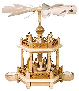 Richard Glässer Seiffen Weihnachtspyramide Christi Geburt, 1-stöckig, 35 cm hoch, Natur mit Teelichter, original Erzgebirge
