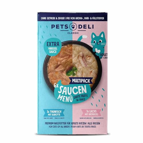 Pets Deli Getreidefreies Nassfutter Multipack Saucen Menü Thunfisch, Lachs für Katzen 6 x 70g