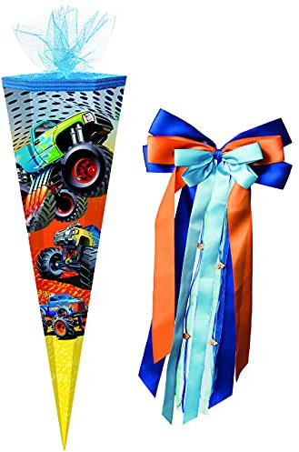 alles-meine.de GmbH Schultüte - Monster Truck - Auto - 85 cm - eckig - incl. große Schleife - Tüllabschluß - Zuckertüte - mit/ohne Kunststoff Spitze - Markneukirchen - für ..